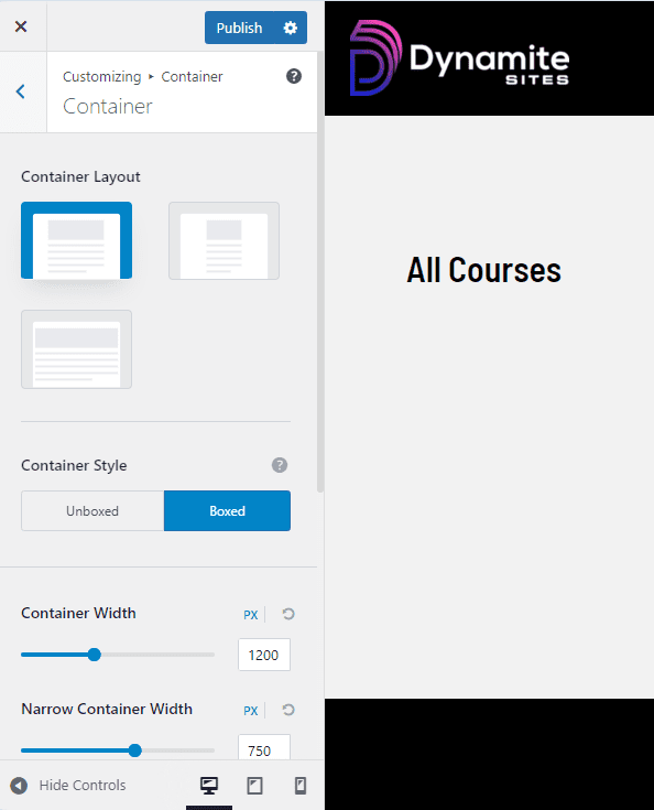 Container options in customizer