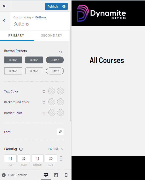 Button options in customizer