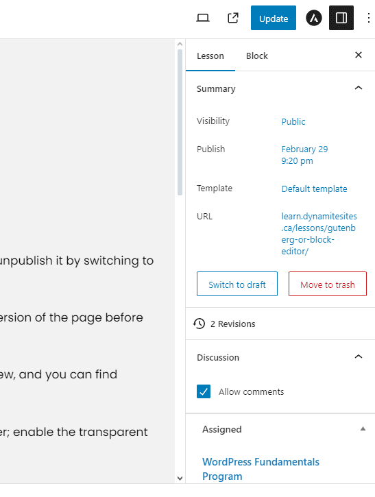 Editing page settings in block editor