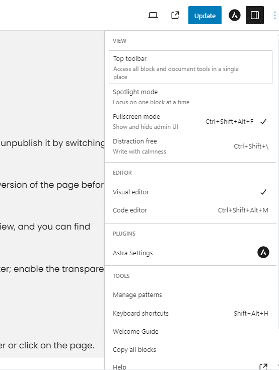 More page settings in block editor