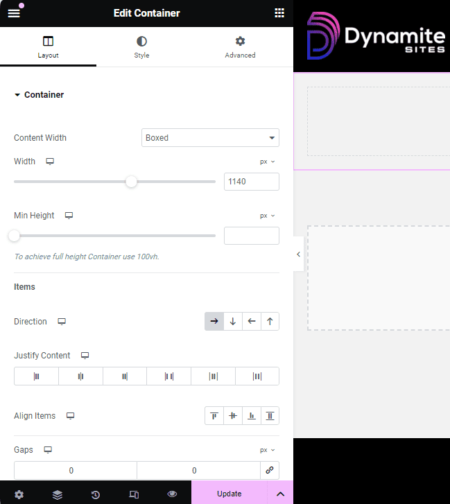 Container settings