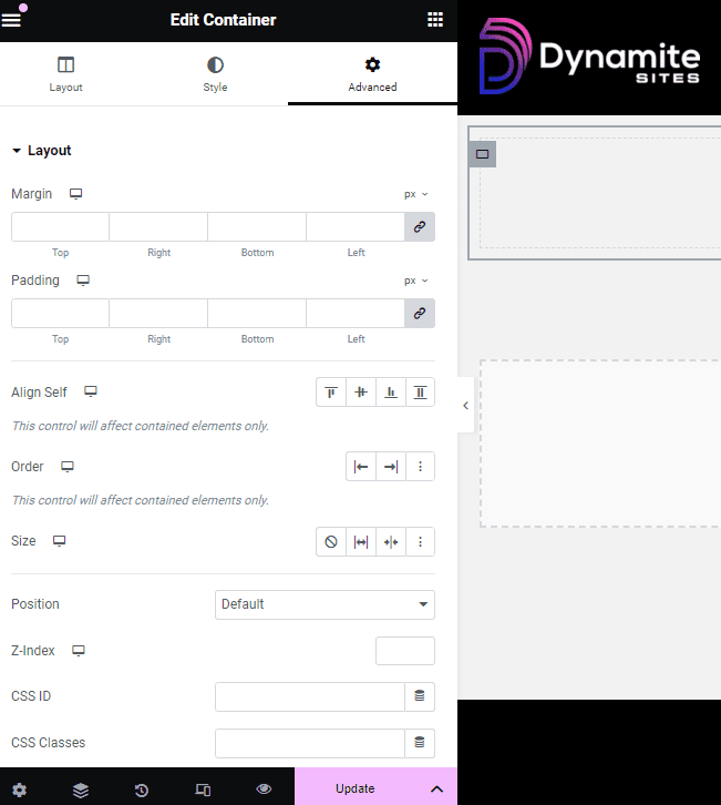 Layout in advanced settings