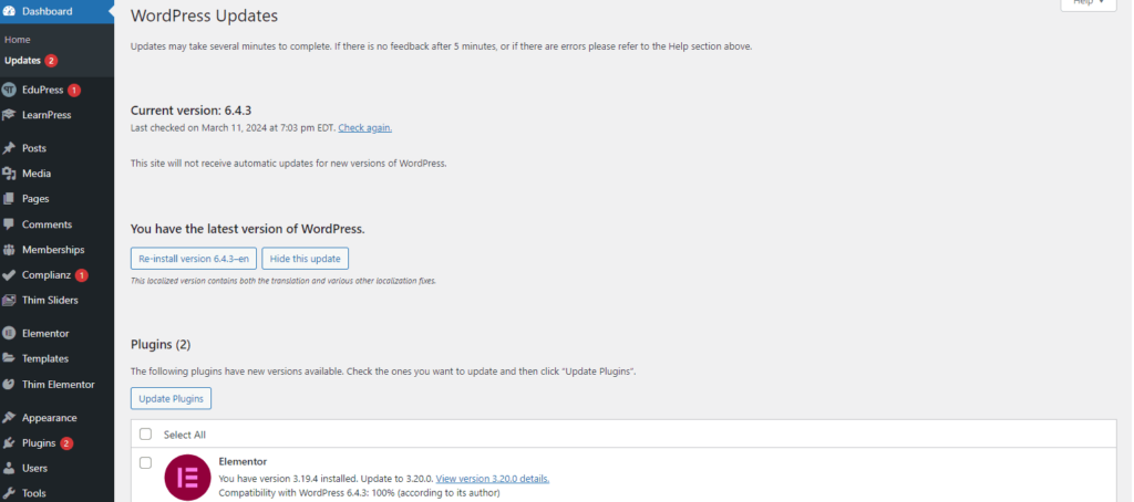 Updating under Dashboard