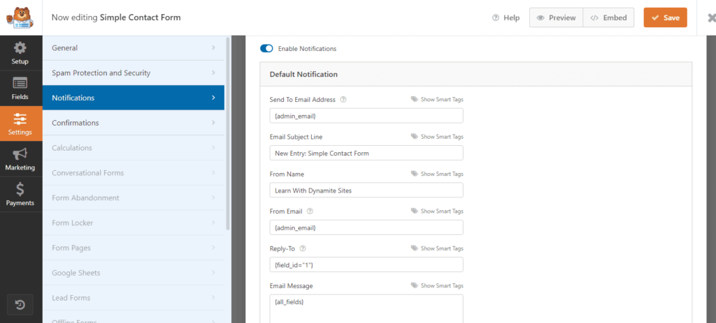 Editing form notifications