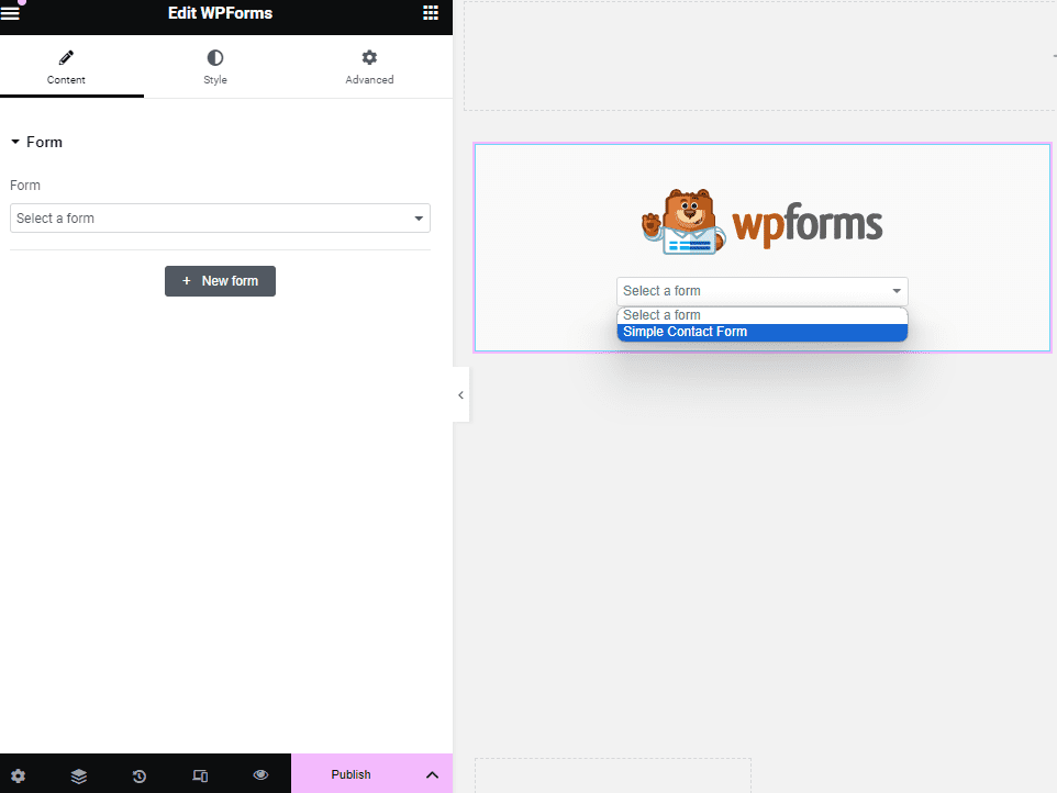 Selecting form in Elementor WP Forms widget