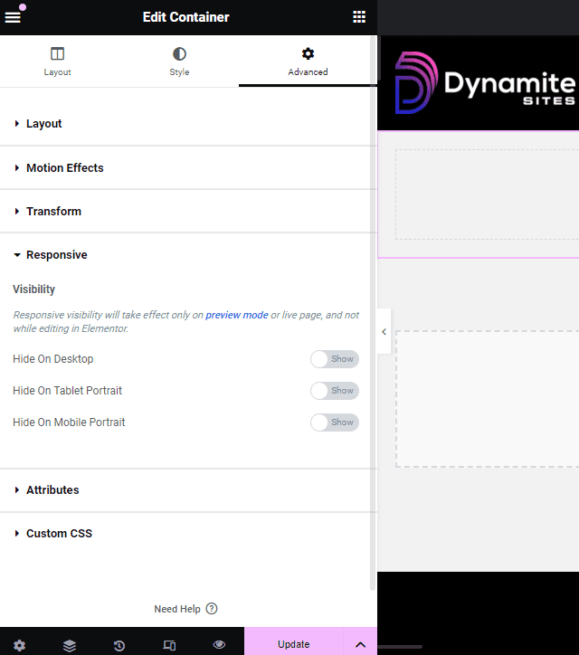 Responsive in advanced settings